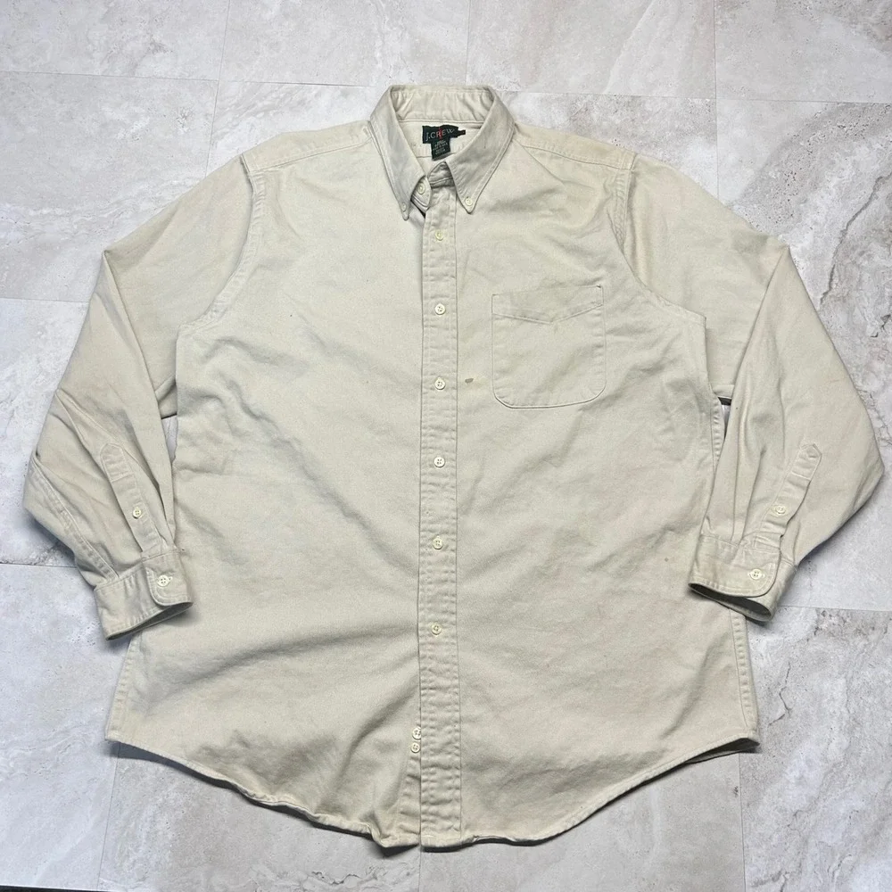 J.Crew Oarsman Shirt Beige Khaki Mens Large Vintage Made in USA Cotton Twill
